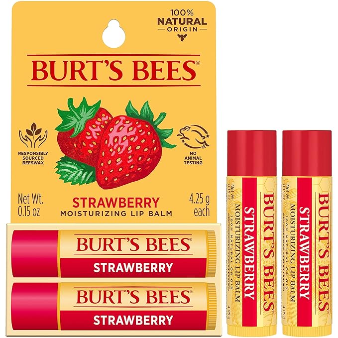 Burt's Bees Lip Balm Mothers Day Gifts for Mom - Strawberry, Lip Moisturizer With Responsibly Sourced Beeswax, Tint-Free, Natural Origin Conditioning Lip Treatment, 2 Tubes, 0.15 oz.
