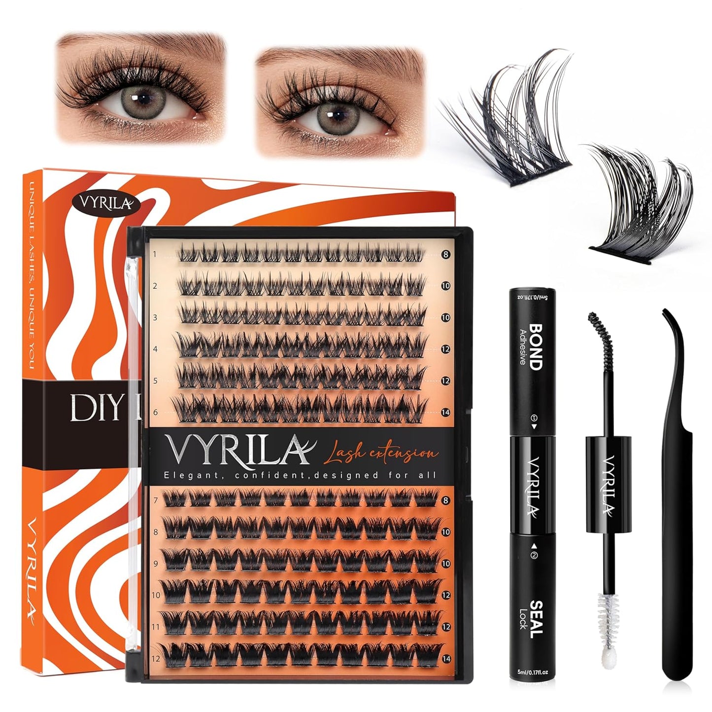 Lash Clusters Kit-VYRILA 0.07mm Wispy 8-14mix C Curl Eyelash Clusters with Lash Bond and Seal Waterproof, Eyelash Tweezers (S03+S05 KIT 138pcs-8-14mix)