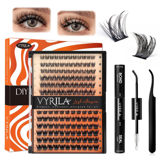 Lash Clusters Kit-VYRILA 0.07mm Wispy 8-14mix C Curl Eyelash Clusters with Lash Bond and Seal Waterproof, Eyelash Tweezers (S03+S05 KIT 138pcs-8-14mix)