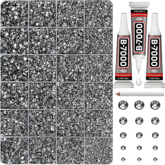 30000Pcs Resin Rhinestones Set for Crafting Bedazzling, Grey Flatback Gems Jewels for Crafts Clothes Shoes Fabric Outfit Nails Makeup, Gray Flat Back Crystal 2-6mm with b 7000 Glue