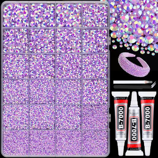 25000Pcs Resin Rhinestones with B7000 Jewelry Glue for Crafting, Lavender Purple AB 2-6mm Non Hotfix Flatback Gems, Bedazzling Crystal for DIY Crafts Clothing Tumblers Mugs Shoes Fabric Decor Nail Art