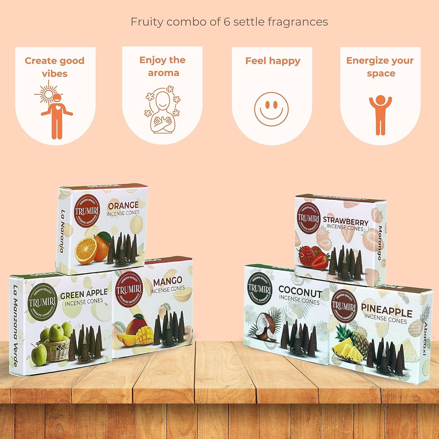 Trumiri Fruity Incense Cones - Variety Pack - Total 60 Cone Incense (6 Scents x 10 Conos) - Strawberry, Coconut, Pineapple, Apple, Mango, Orange - Cone Incense Scents - Insense Cones - Incent Cone