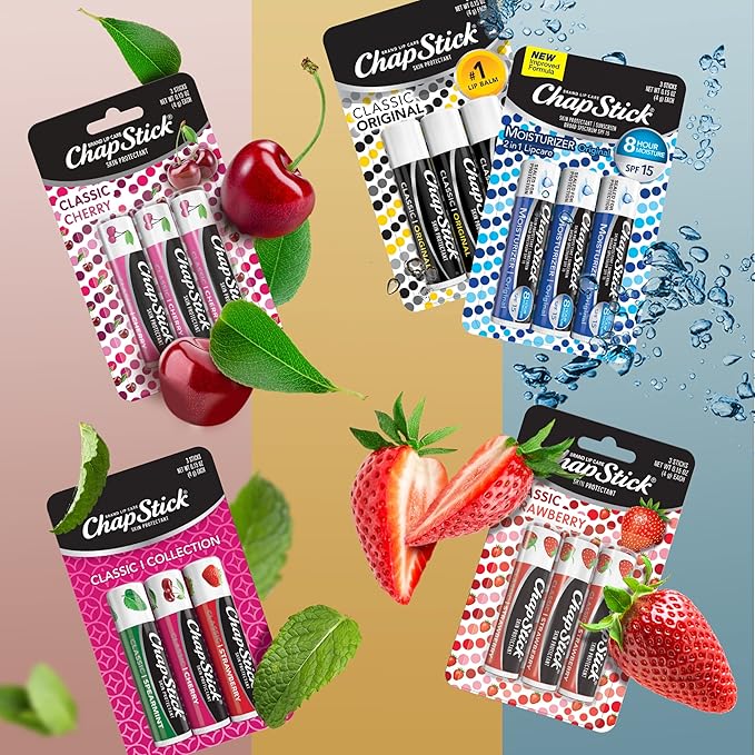 ChapStick Classic Collection Flavored Lip Balm Tubes Pack, Lip Moisturizer - 0.15 Oz (Box of 5 Packs of 3)