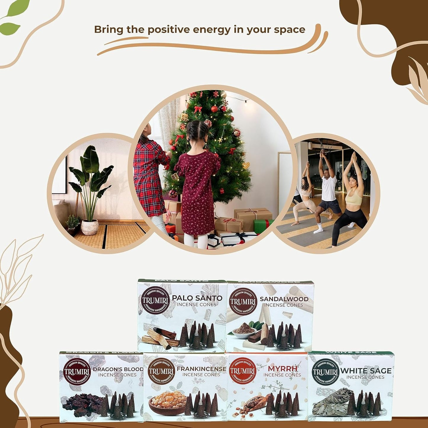 Trumiri Woody Incense Cones - Variety Pack - Total 60 Cone Incense (6 Scents x 10 Conos) - White Sage, Palo Santo, Dragons Blood, Sandalwood - Inscents-Cones Scented - Insense Cones - Incent Cone