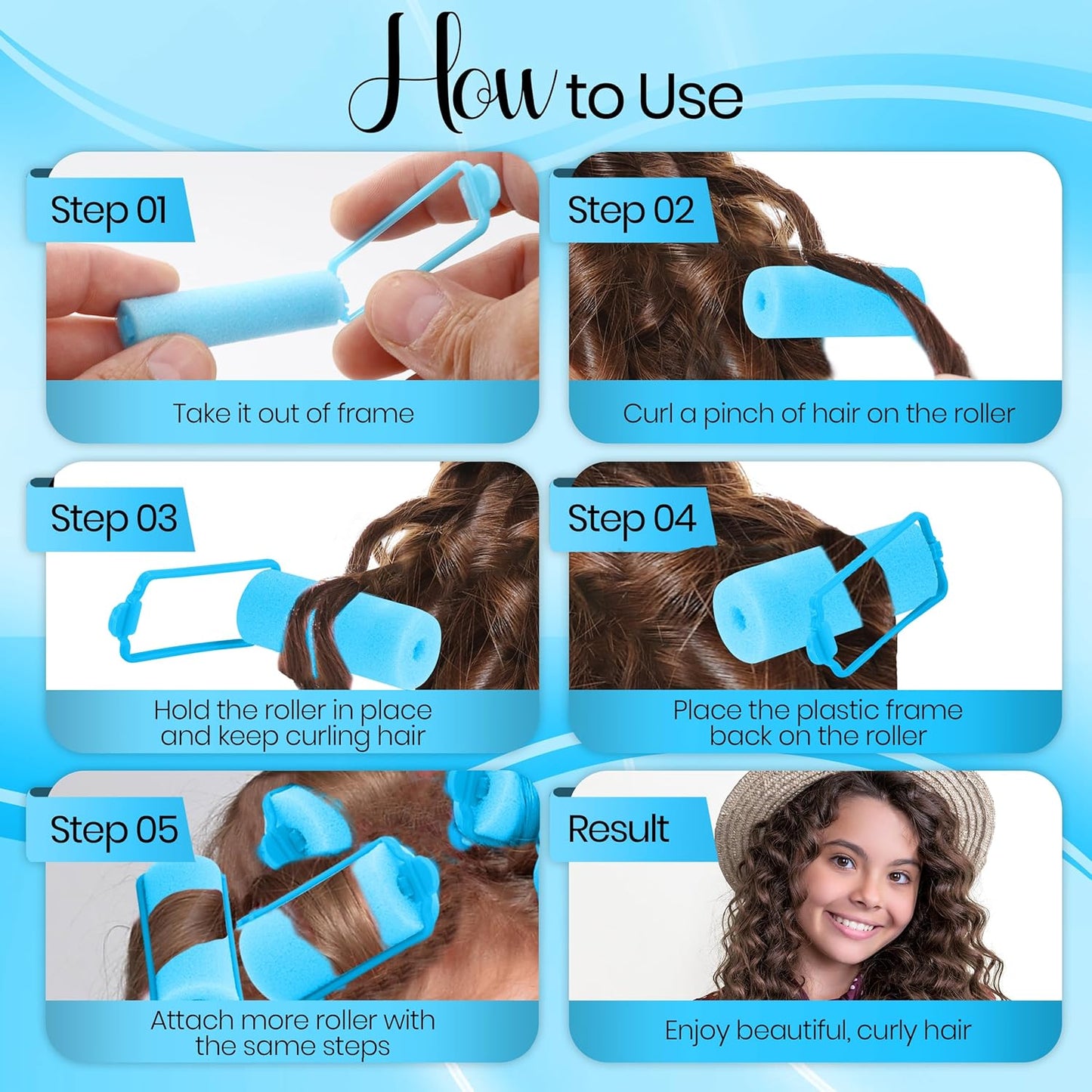 Foam Hair Roller Set, Heatless Hair Curlers to Sleep In, Self-Fastening, Soft Wave Curlers for Short and Medium Hair, Blue, 1.5CM 12 Pieces – By Rampro