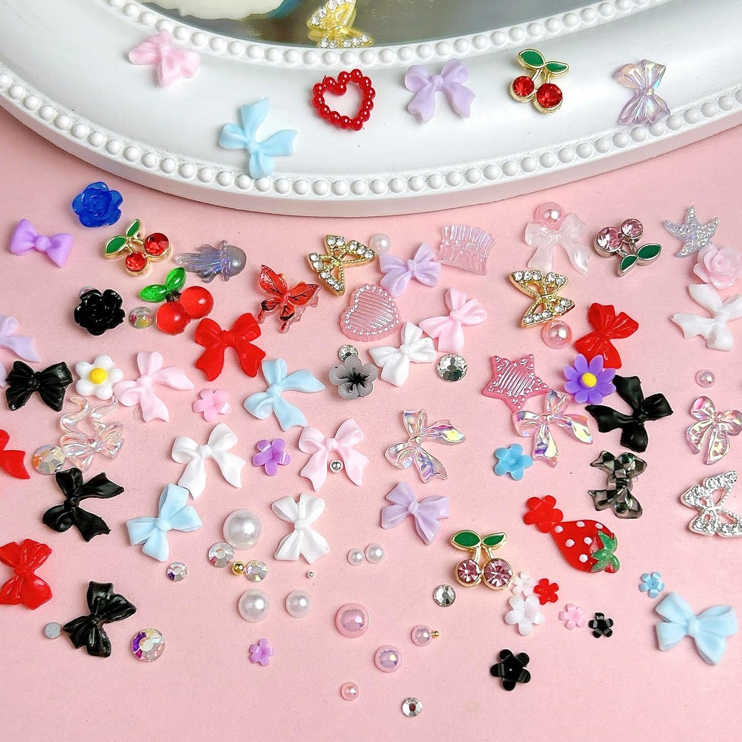 3D Flowers Nail Charms Y2K Kit, Metal Butterfly Cherry Colorful Bow Charms for Nails Art Gems, White and Pink Bows Pearls Charms for Nail Manicure DIY Crafts Jewelry Accessories