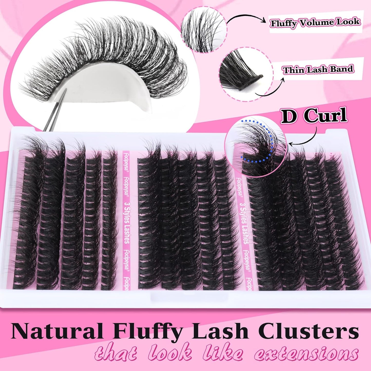 Focipeysa Full Volume Lash Extension Kit 70D 80D 90D Thick Lash Extension Kit 10-18mm Wispy Lash Clusters Individual Lashes Kit with Lash Bond and Seal for DIY Lash Extension at Home