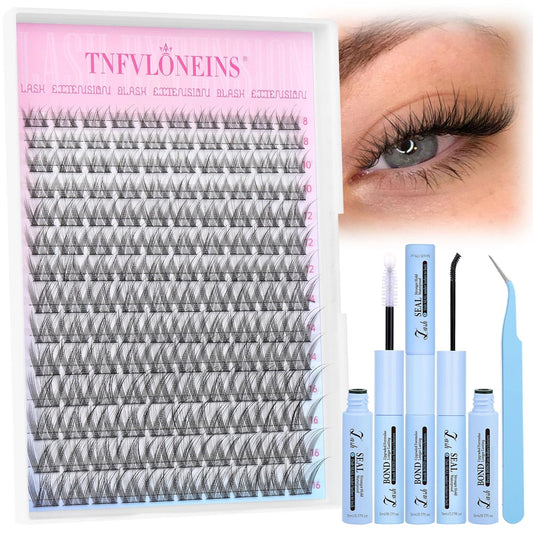 TNFVLONEINS Lash Clusters Kit 8-16mm Eyelash Clusters Kit Natural Lash Extension Kit Wispy Widespan DIY Eyelash Extension Kit Individual Lashes Cluster with Bond and Seal and Tweezers
