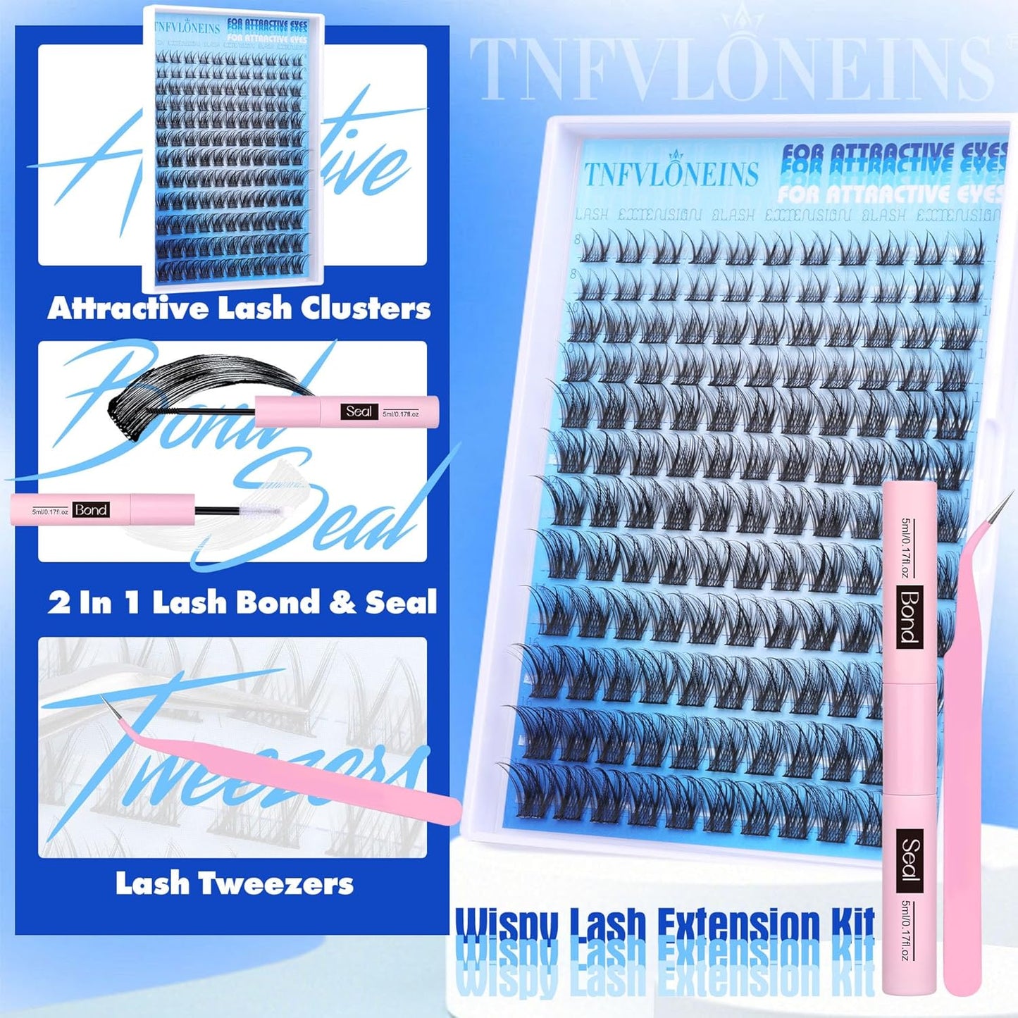 Wispy Lash Extension Kit Natural Lash Clusters Kit D Curl Eyelash Extension Kit DIY Cluster Eyelash Extensions Kit 8-16MM Individual Lashes Clusters with Bond and Seal and Tweezers by TNFVLONEINS