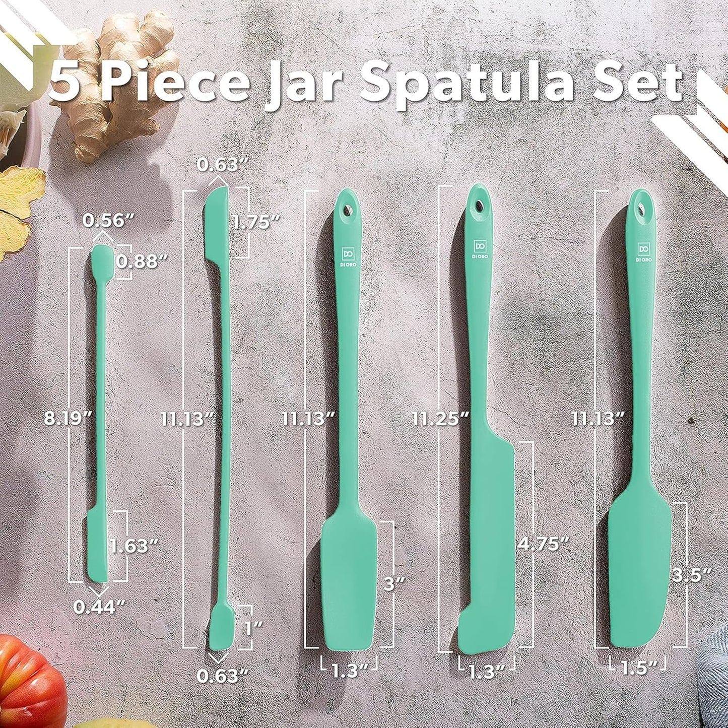 DI ORO Silicone Jar Spatulas for Scraping - Rubber Spatulas Silicone Heat Resistant - Kitchen Spatulas Nonstick Cookware Safe - Silicone Utensil Set for Blenders, Mixing, Baking, & Makeup (5pc, Mint)