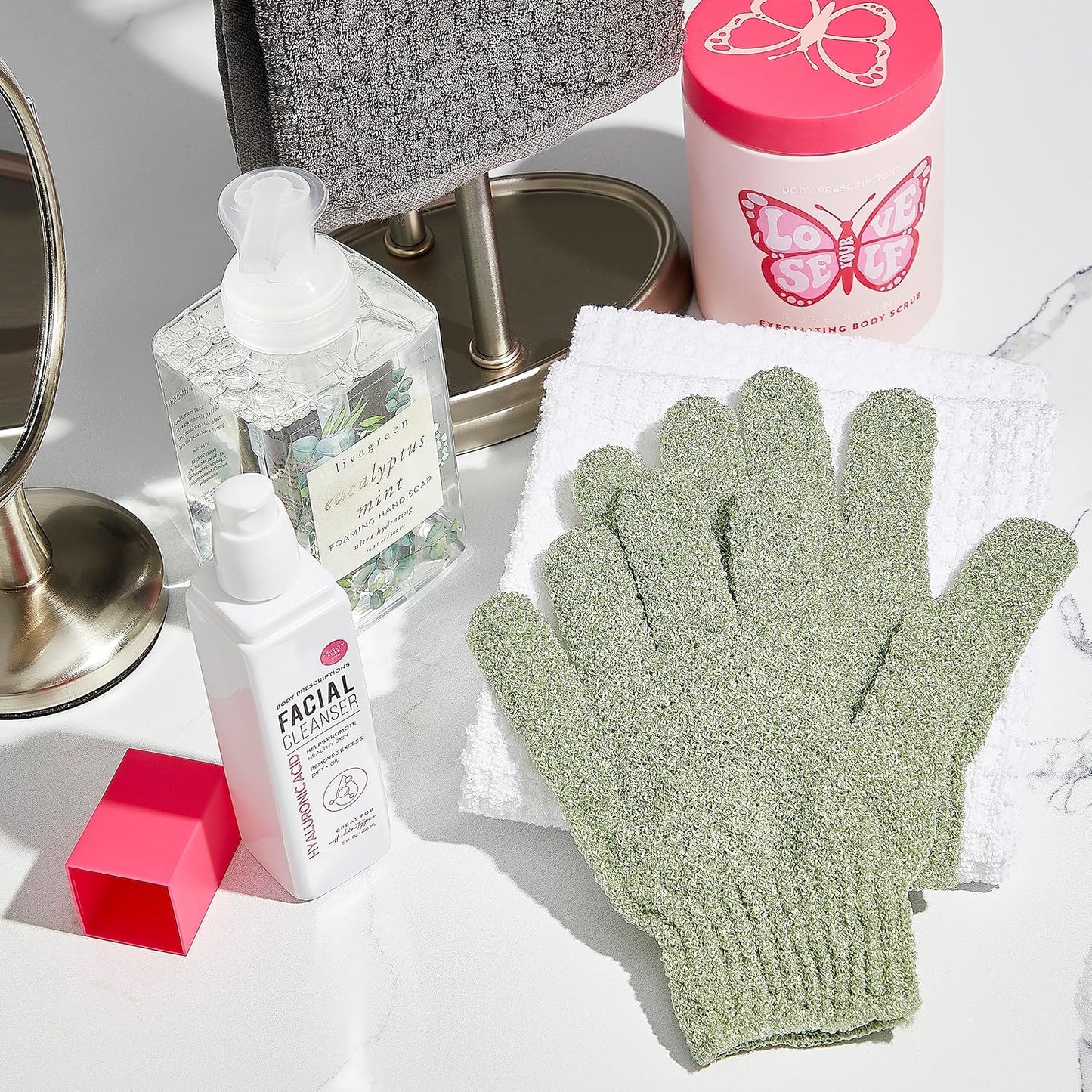 Body Prescriptions Exfoliating Body Scrub – Body Cleanser for Nourished, Ultra-Smooth Skin, Exfoliating Gloves