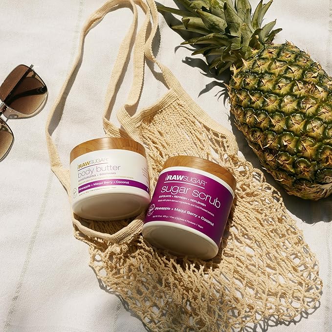 Raw Sugar Pineapple + Coconut + Maqui Berry Body Ritual Bundle - Exfoliating Body Scrub and Body Butter, Formulated without Sulfates + Parabens, Body Care Products for Women & Men